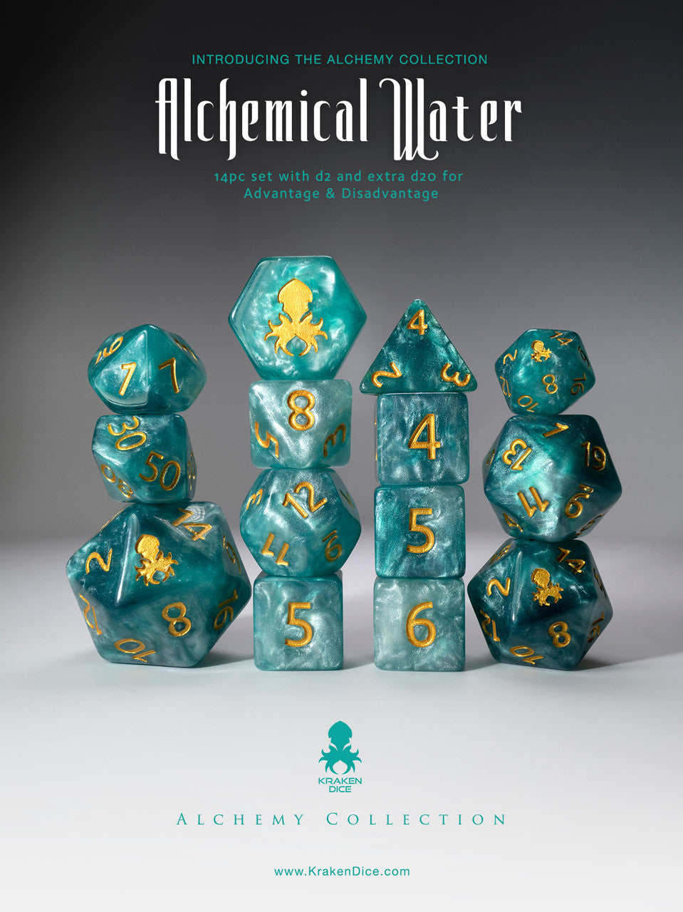 Alchemical Water 14pc Light Blue Gold Ink Dice Set